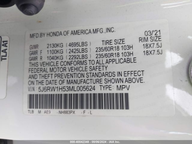 5J6RW1H53ML005624 Honda Cr-v 2wd Ex