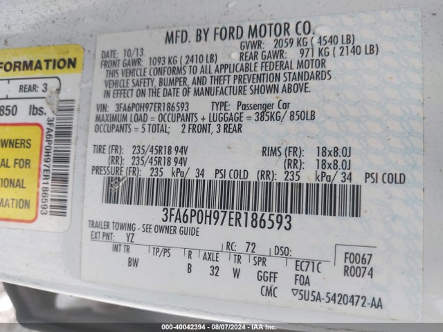 Ford FUSION SE 2014 3FA6P0H97ER186593 Image 9