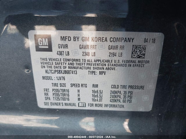 Chevrolet Trax Lt 2018 KL7CJPSBXJB687413 Image 9
