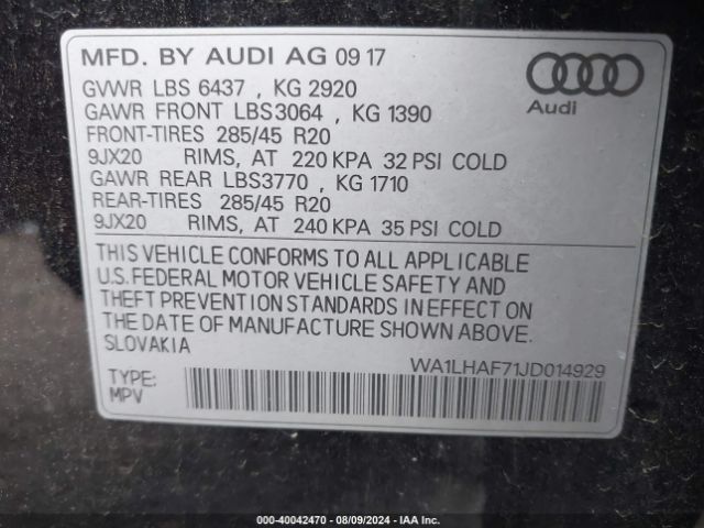 WA1LHAF71JD014929 Audi Q7 2.0t Premium