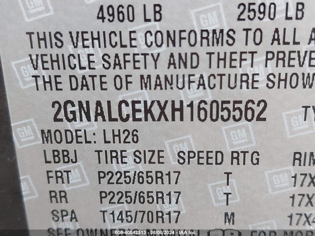 40042513 :رقم المزاد ، 2GNALCEKXH1605562 vin ، 2017 Chevrolet Equinox Lt مزاد بيع