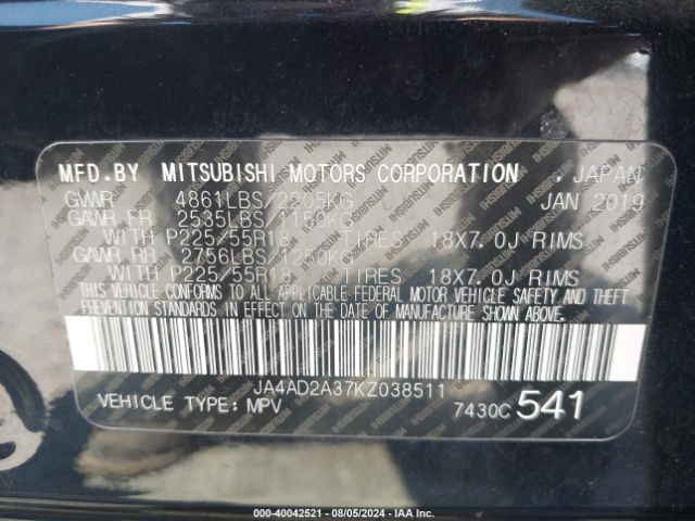JA4AD2A37KZ038511 Mitsubishi Outlander Es
