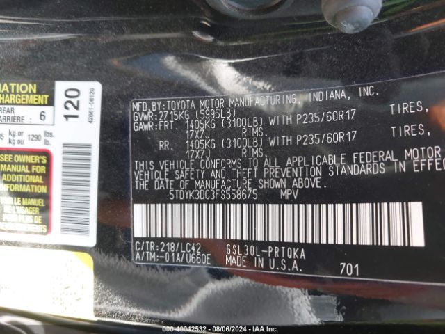 5TDYK3DC3FS558675 Toyota Sienna Xle Premium 8 Passenger