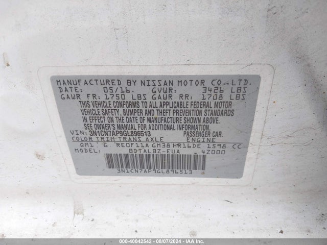 Nissan Versa 1.6 Sv 2016 3N1CN7AP9GL896513 Image 9