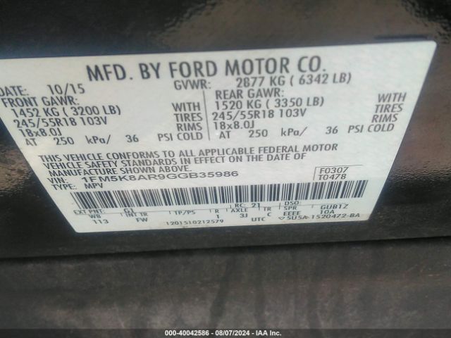 1FM5K8AR9GGB35986 Ford Utility Police Interceptor