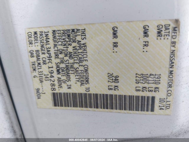 Nissan Altima 2.5 Sv 2015 1N4AL3AP9FC194288 Image 9