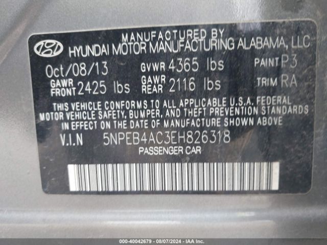 5NPEB4AC3EH826318 Hyundai SONATA GLS