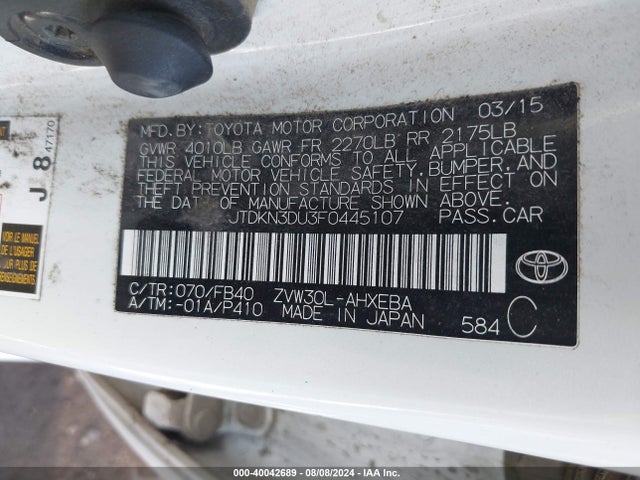 Toyota Prius Two 2015 JTDKN3DU3F0445107 Image 9