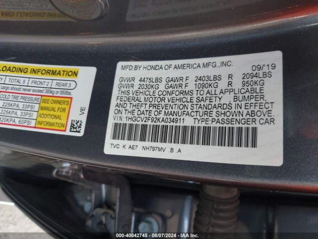 1HGCV2F92KA034911 Honda Accord Touring 2.0t