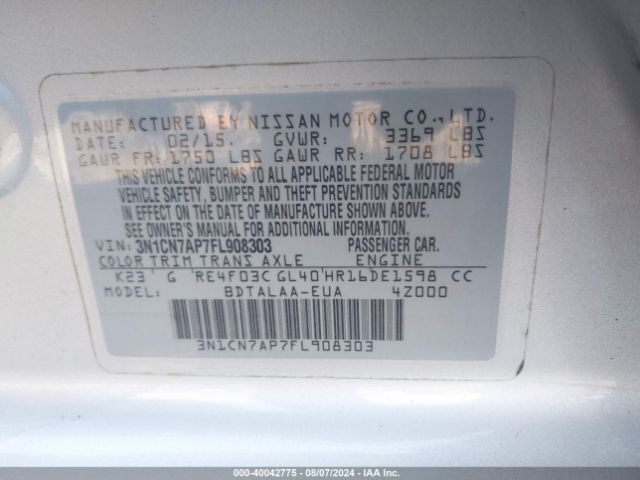 3N1CN7AP7FL908303 Nissan Versa 1.6 S