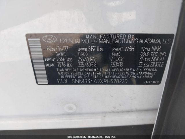 5NMS34AJXPH528220 Hyundai Santa Fe Sel