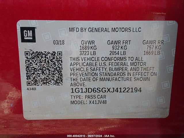 Chevrolet Sonic Lt Auto 2018 1G1JD6SGXJ4122194 Image 9