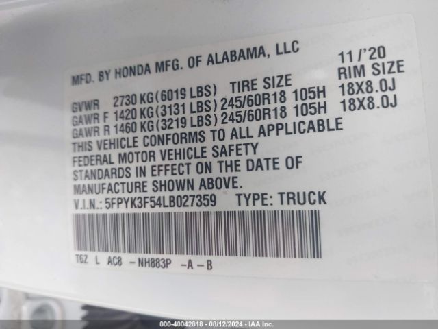 5FPYK3F54LB027359 Honda Ridgeline Awd Rtl