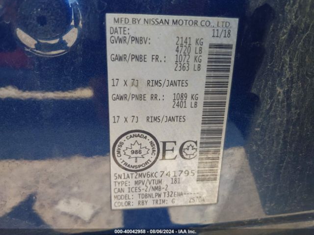 5N1AT2MV6KC741795 Nissan Rogue S/sl/sv