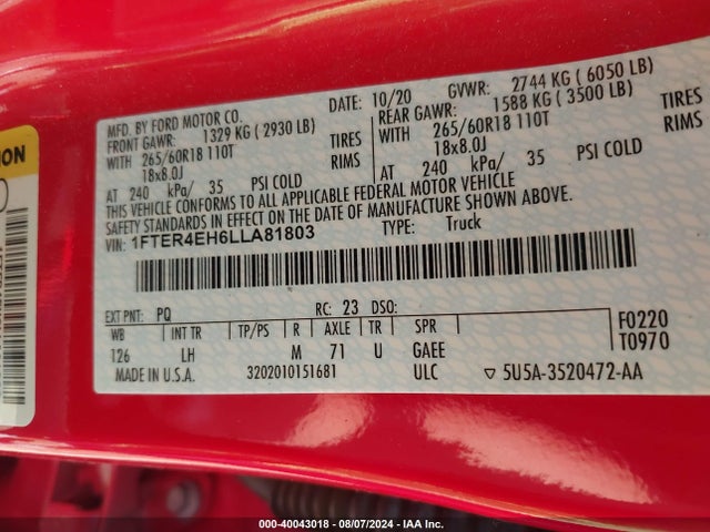 Ford Ranger Xlt 2020 1FTER4EH6LLA81803 Image 9