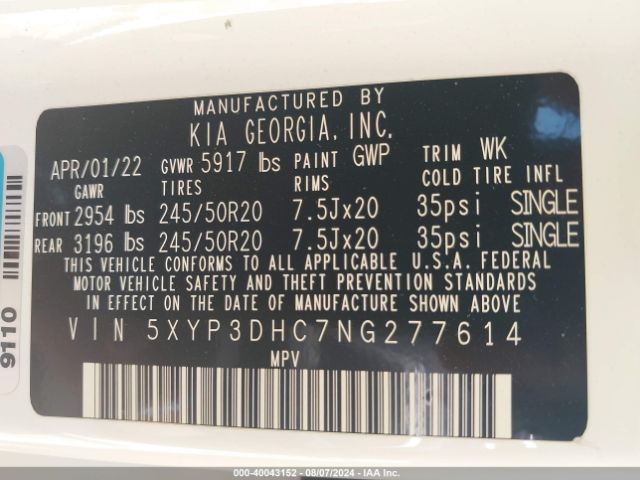 5XYP3DHC7NG277614 KIA Telluride Ex