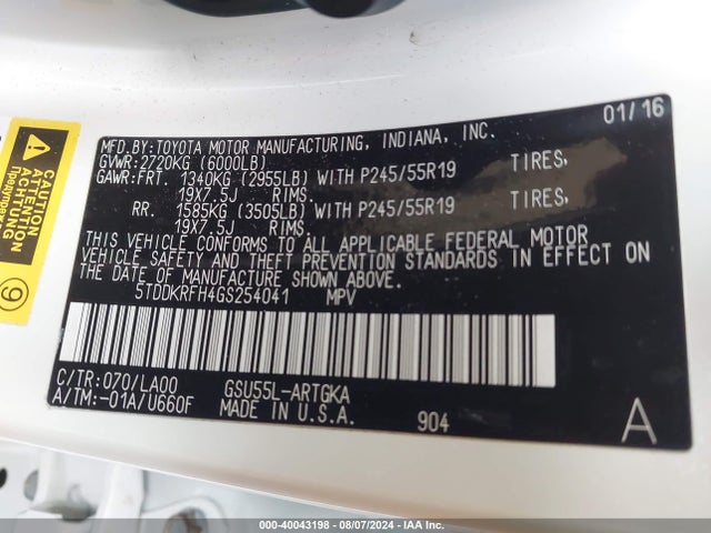 5TDDKRFH4GS254041 Toyota Highlander Limited V6