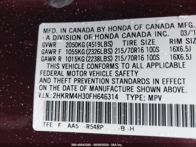Honda CR-V LX 2015 2HKRM4H30FH646314 Image 9