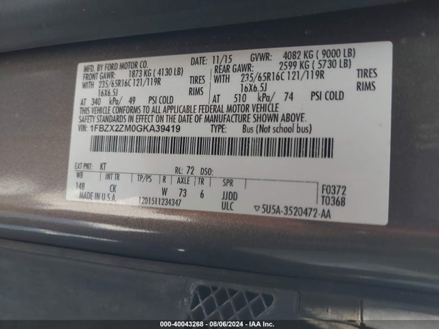 Ford Transit-350 Xlt 2016 1FBZX2ZM0GKA39419 Image 9