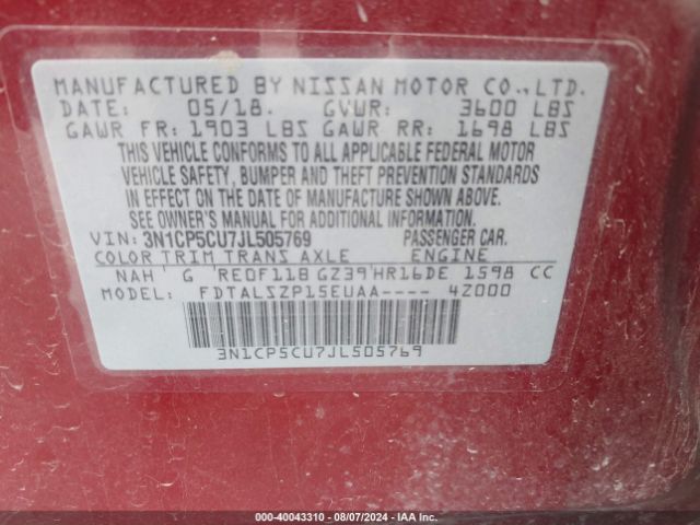 3N1CP5CU7JL505769 Nissan KICKS SV