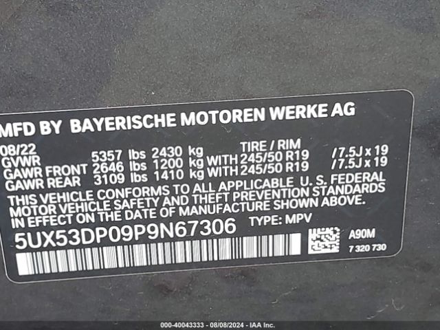 5UX53DP09P9N67306 BMW X3 Xdrive30i