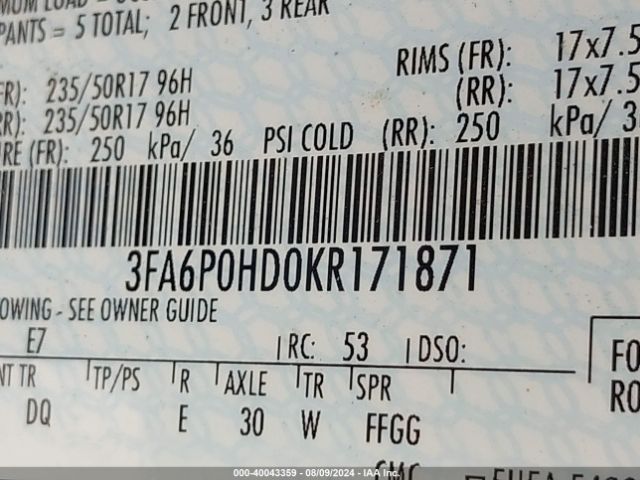 3FA6P0HD0KR171871 Ford FUSION SE