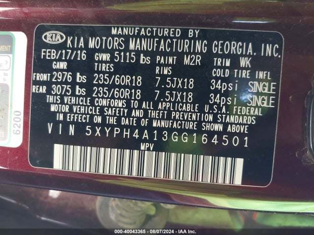 KIA Sorento 2.0t Ex 2016 5XYPH4A13GG164501 Image 9