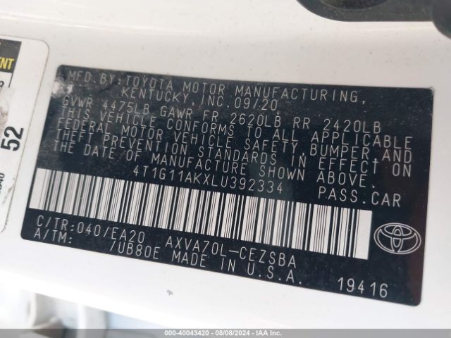 4T1G11AKXLU392334 Toyota CAMRY SE
