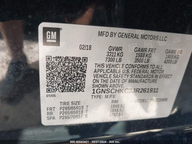 1GNSCHKC3JR261911 Chevrolet Suburban Lt