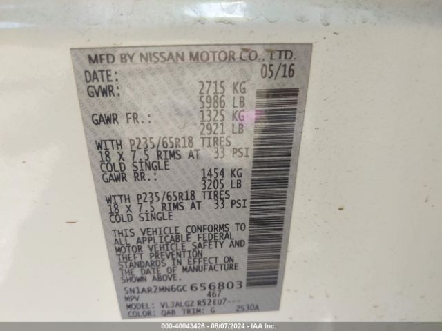 5N1AR2MN6GC656803 Nissan Pathfinder Sl