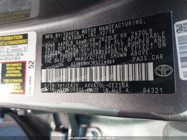 Toyota CAMRY SE 2019 4T1B11HK3KU724144 Image 9