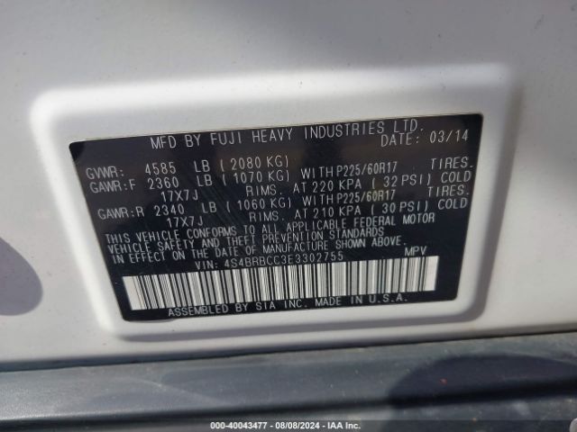 4S4BRBCC3E3302755 Subaru Outback 2.5i Premium