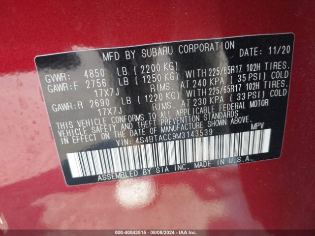 4S4BTACC9M3143539 Subaru Outback Premium