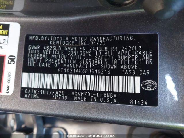 4T1C31AK6PU610316 Toyota Camry Le Hybrid