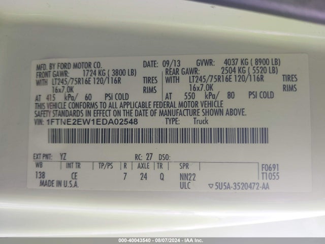 Ford E-250 Commercial 2014 1FTNE2EW1EDA02548 Image 9