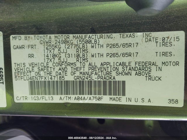 Toyota Tacoma Base V6 2015 5TFLU4EN7FX147185 Image 9