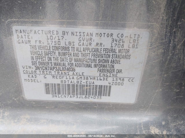 Nissan Versa 1.6 Sv 2018 3N1CN7AP3JL824035 Image 9