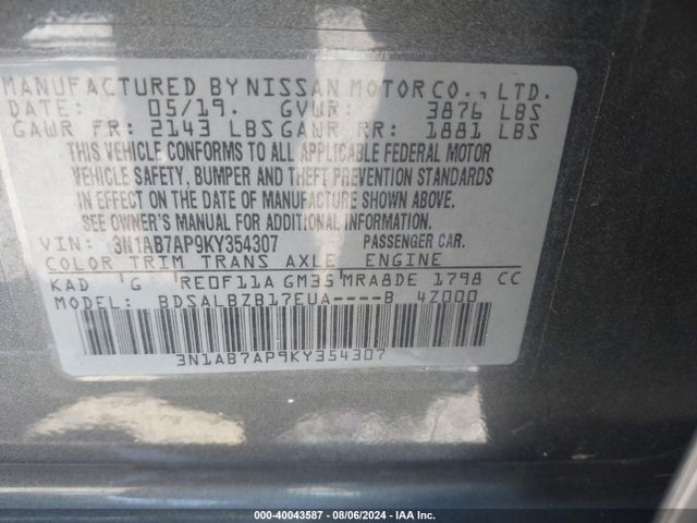 Nissan SENTRA S 2019 3N1AB7AP9KY354307 Image 9