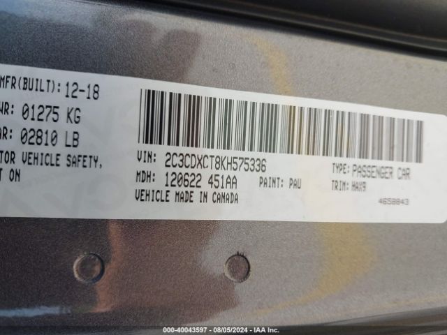 2C3CDXCT8KH575336 Dodge Charger R/t Rwd