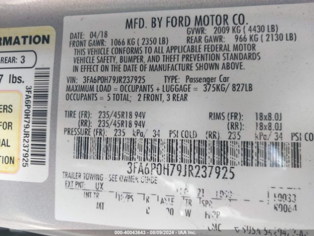 3FA6P0H79JR237925 Ford FUSION SE