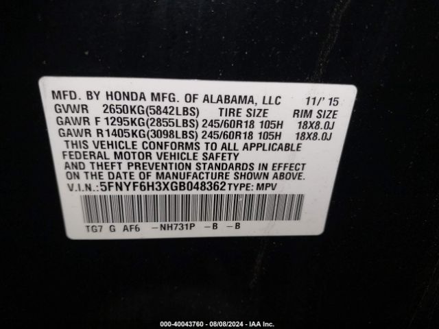 5FNYF6H3XGB048362 Honda Pilot Ex
