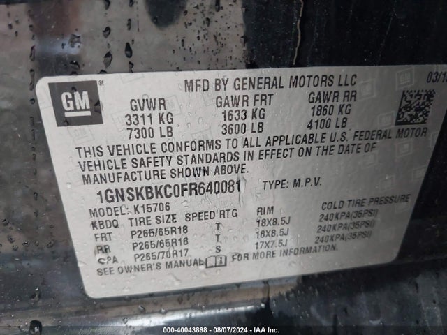 Chevrolet Tahoe Lt 2015 1GNSKBKC0FR640081 Image 9