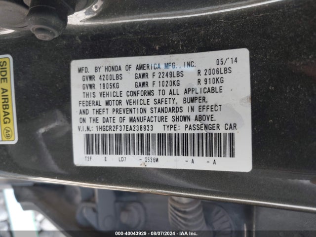 Honda ACCORD LX 2014 1HGCR2F37EA238933 Image 9