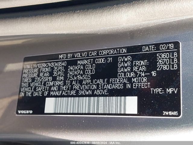 LYV102RK7KB349540 Volvo Xc60 T5 Momentum