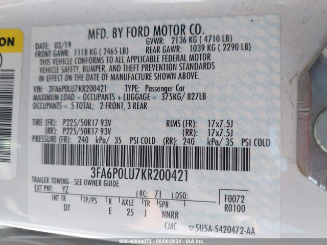 Ford Fusion Hybrid Se 2019 3FA6P0LU7KR200421 Image 9