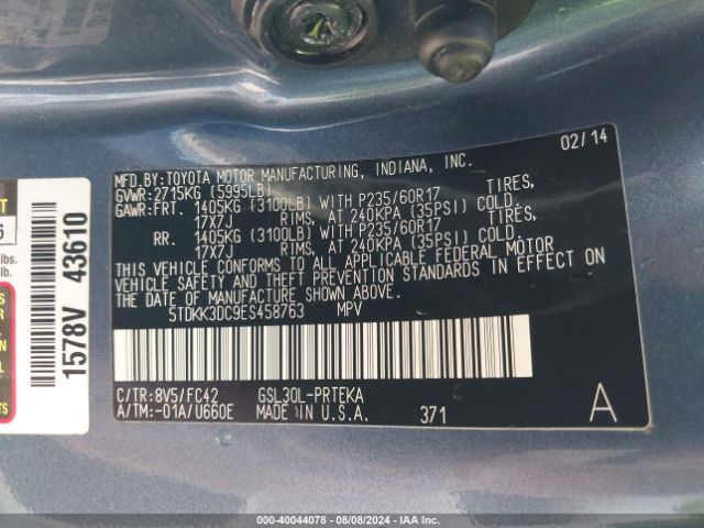 5TDKK3DC9ES458763 Toyota Sienna Le V6 8 Passenger