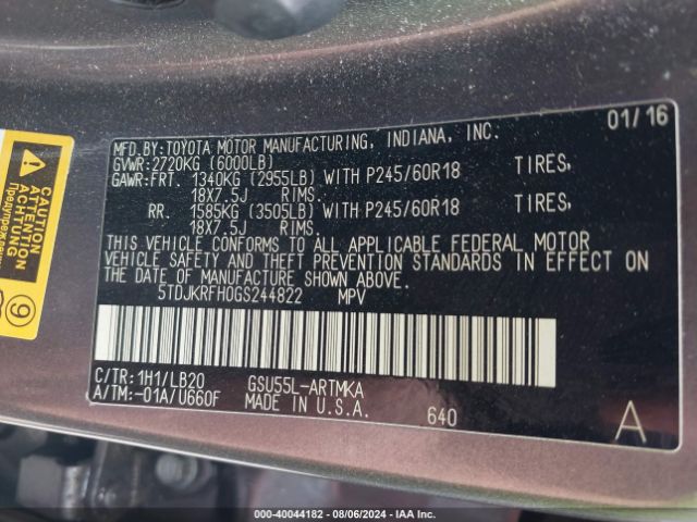 5TDJKRFH0GS244822 Toyota Highlander Xle V6