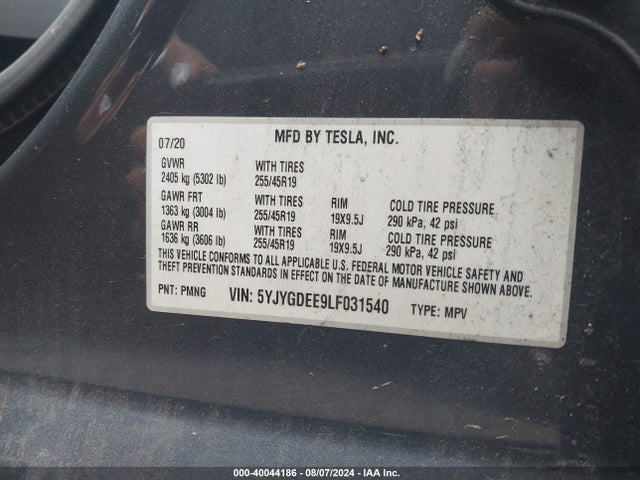 2020 TESLA MODEL Y 5YJYGDEE9LF031540 Photo 8