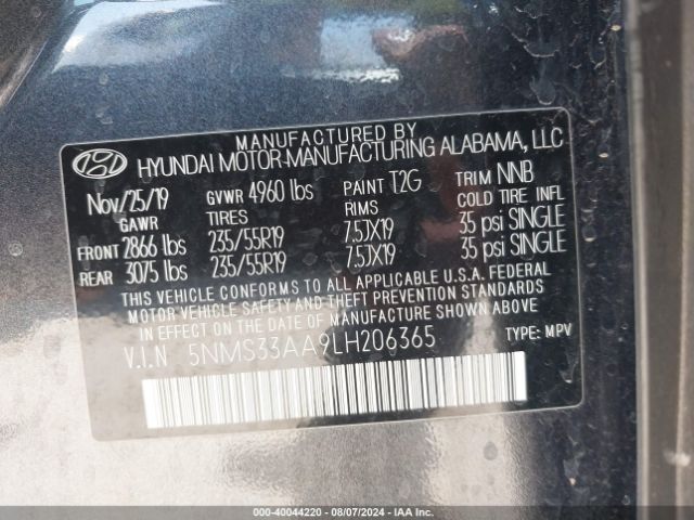 5NMS33AA9LH206365 Hyundai Santa Fe Sel 2.0t