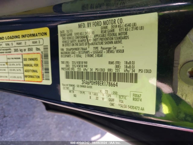 Ford FUSION SE 2014 3FA6P0H98ER178664 Image 9